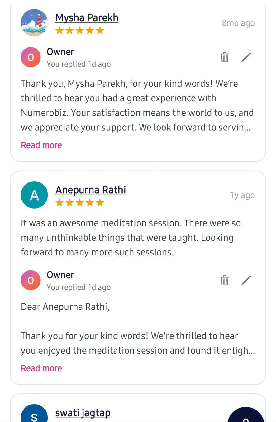 Google review screenshot: 5-star reviews from Mysha Parekh, Anepurna Rathi and swati jagtap