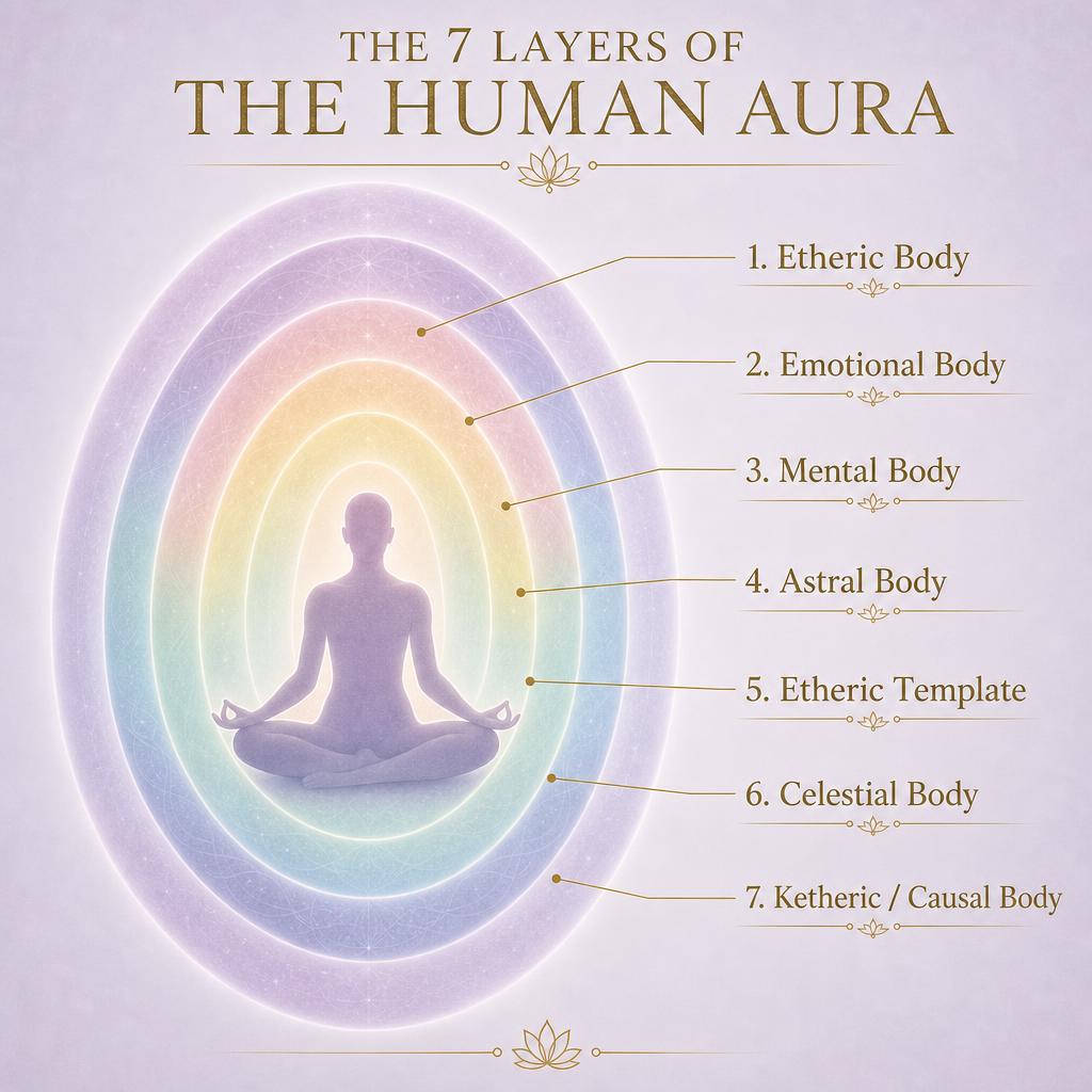 Diagram of the 7 layers of the human aura: Etheric, Emotional, Mental, Astral, Etheric Template, Celestial, and Ketheric (Causal) bodies